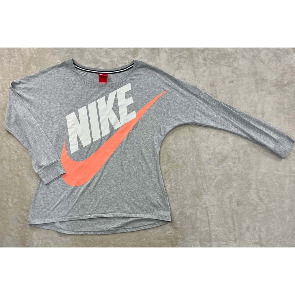 GUC Nike Womens Graphic Long Sleeve Top Grey Orange Swoosh Dolman Sleeve Size M